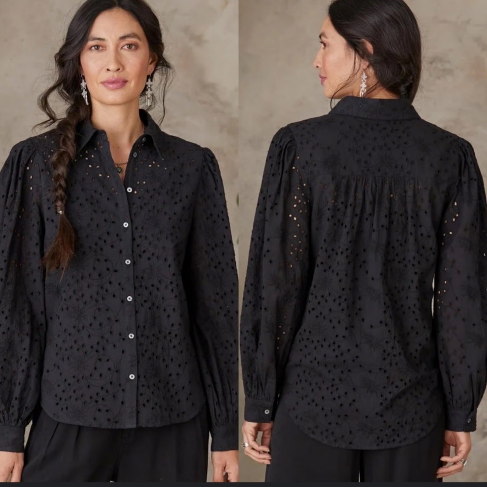 Sundance Women’s Black Cotton Long Sleeve Blouse Size PXXS Petite XS Thread Deta